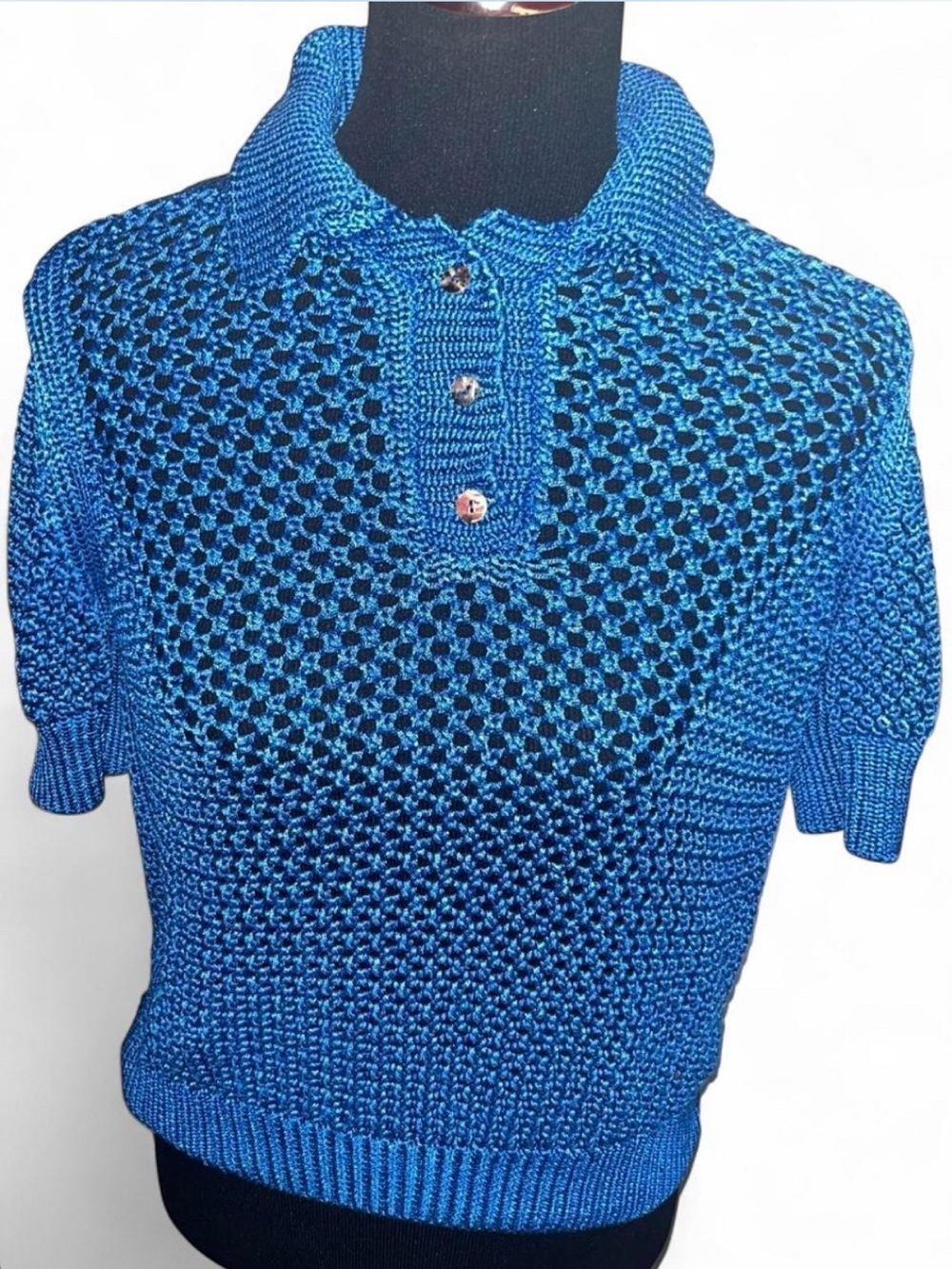 Zara Knit Women’s Size L Cobalt Blue Open Knit Crochet Polo Short Sleeve Sweater